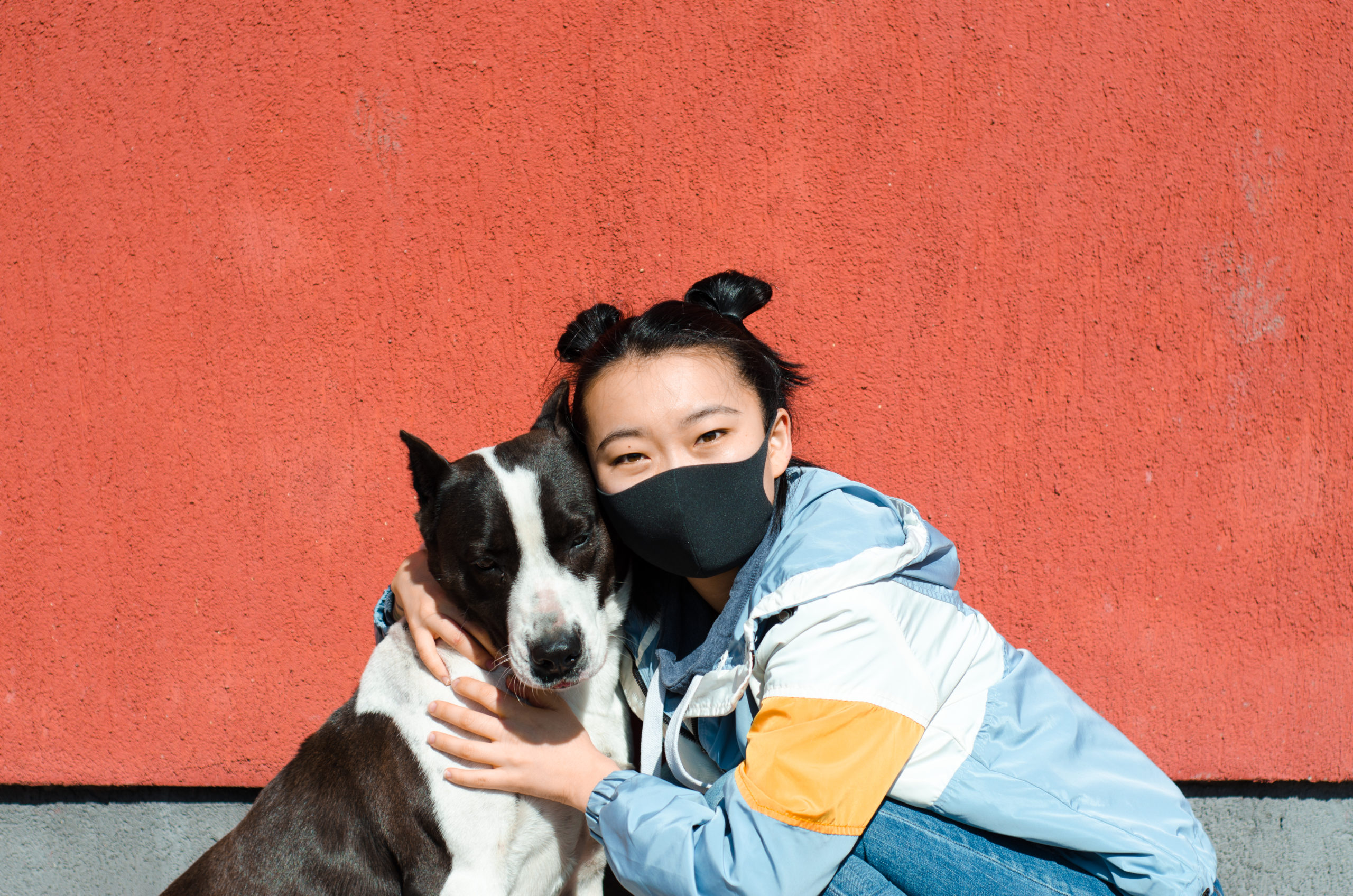 girl with mask and black and white dog