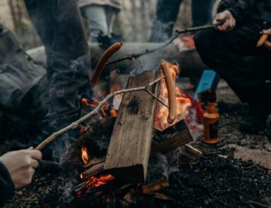 People roasting hot dogs over a fire