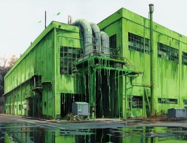 Factory building dripping in green paint