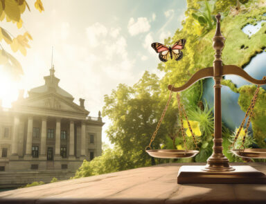 Image of government building with balance scale and butterfly