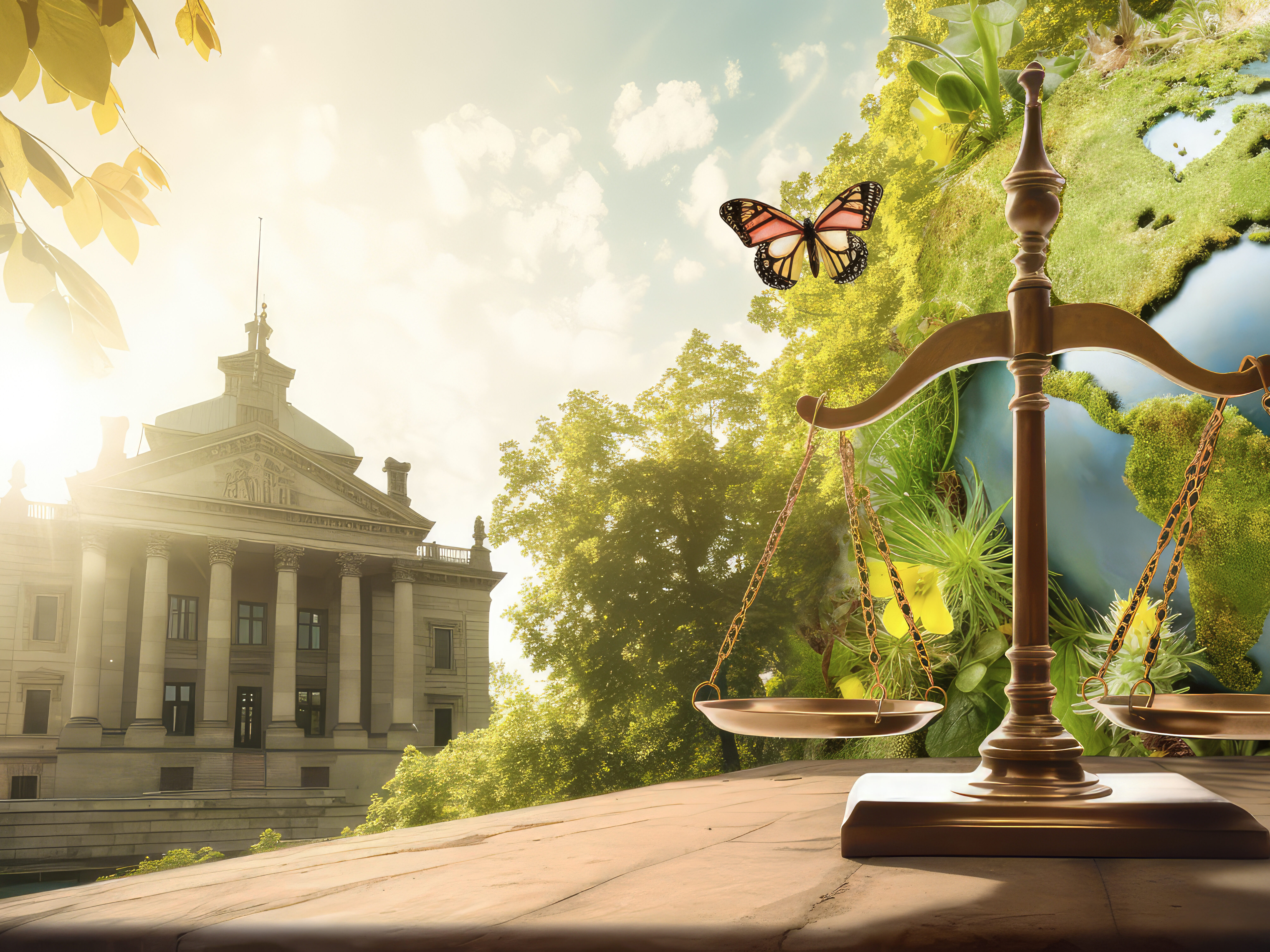 Image of government building with balance scale and butterfly