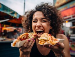 Woman eating tacos at a food festival
